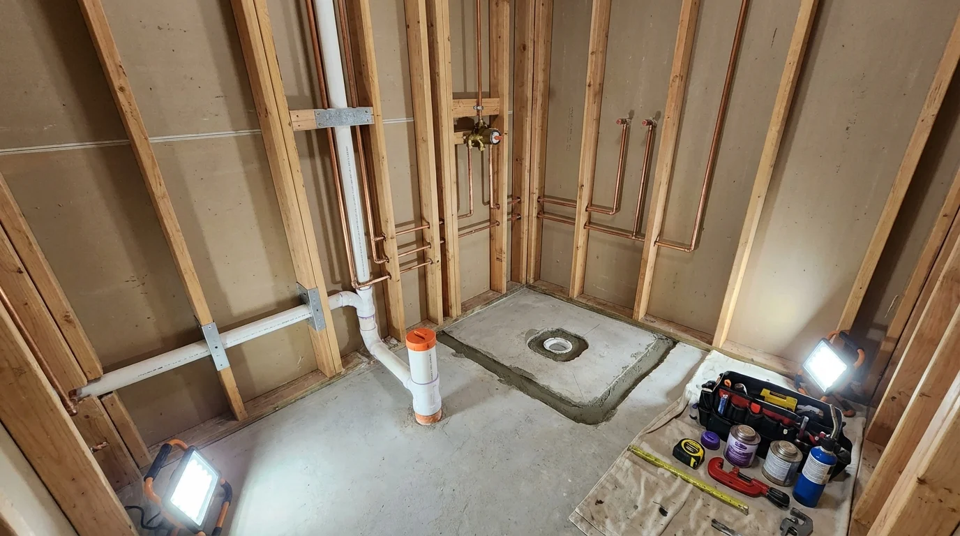 Bathroom rough-in plumbing during remodel by Johns Plumbing LLC in Silver Lake
