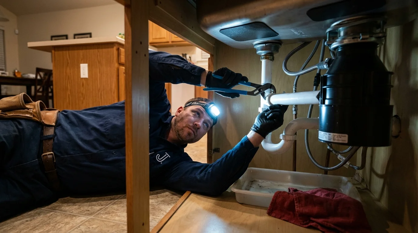 P-trap and supply line connections under a kitchen sink showing a common leak point in Silver Lake, WI